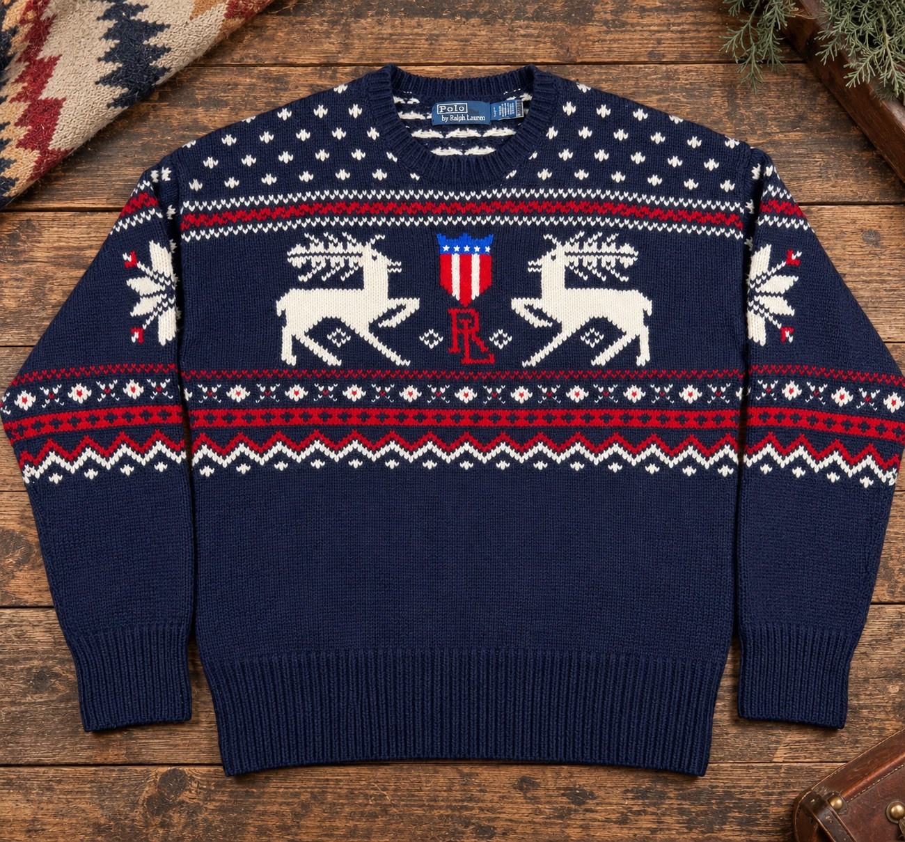 Vintage Polo Ralph Lauren Reindeer Fair Isle Wool Sweater Men L Navy RL