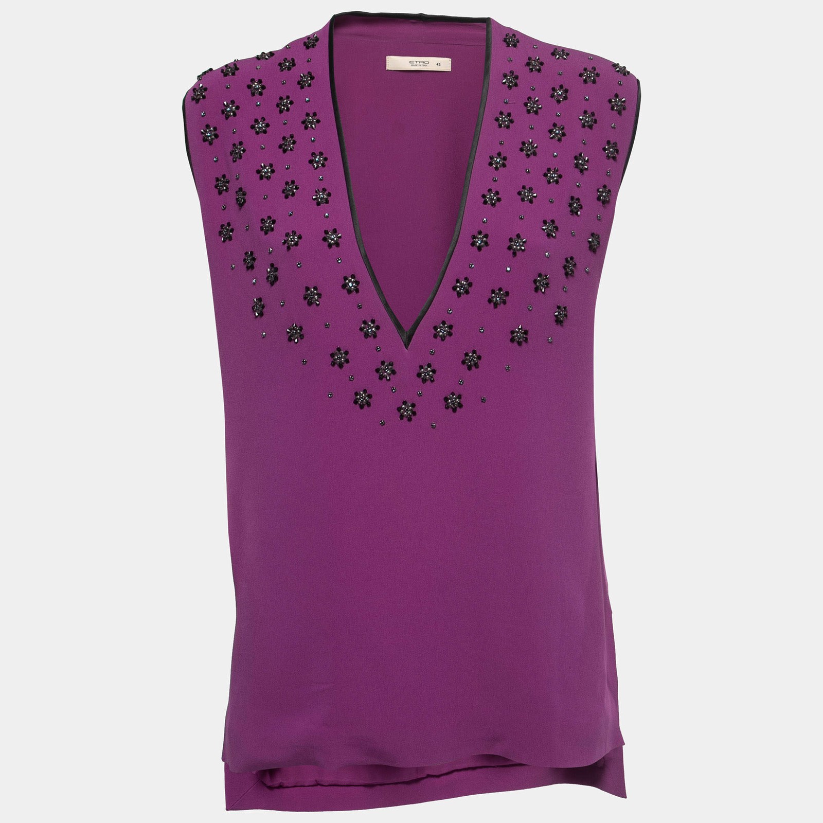 Etro Purple Crepe Beads Embellished VNeck Sleeveless Blouse M