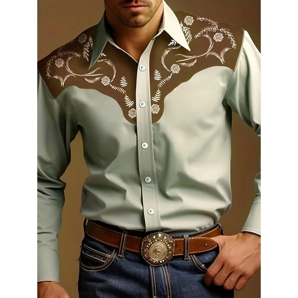 Men's Western Cowboy Shirt Long Sleeve Retro Printing Casual Buttons Down Shirt