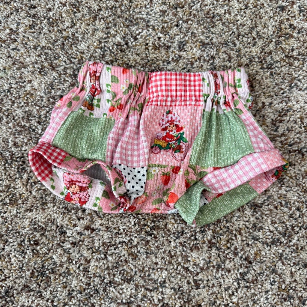 Kids Strawberry Shortcake Bloomers Shorts Pink Multi Patchwork Retro Ribbed Knit