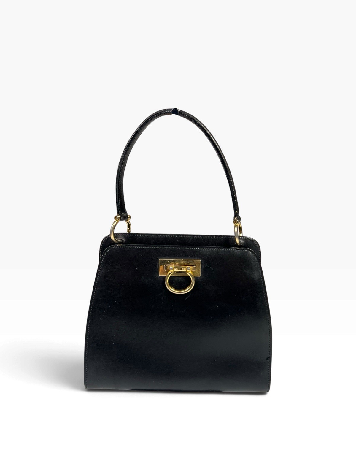 Auth CELINE Vintage Hand Bag Shoulder Black Red Calf Leather Gold Ring Bag F/03⁠