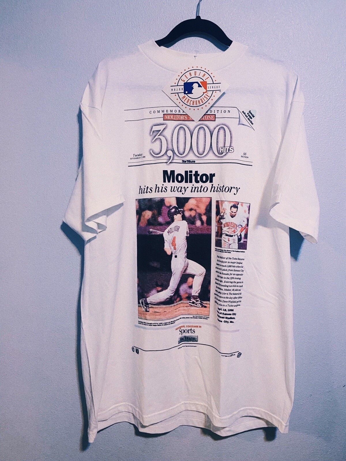 Vintage OG 90’s 96’ Minnesota Twins Paul Molitor 3000 Hits T-Shirt MLB RARE*