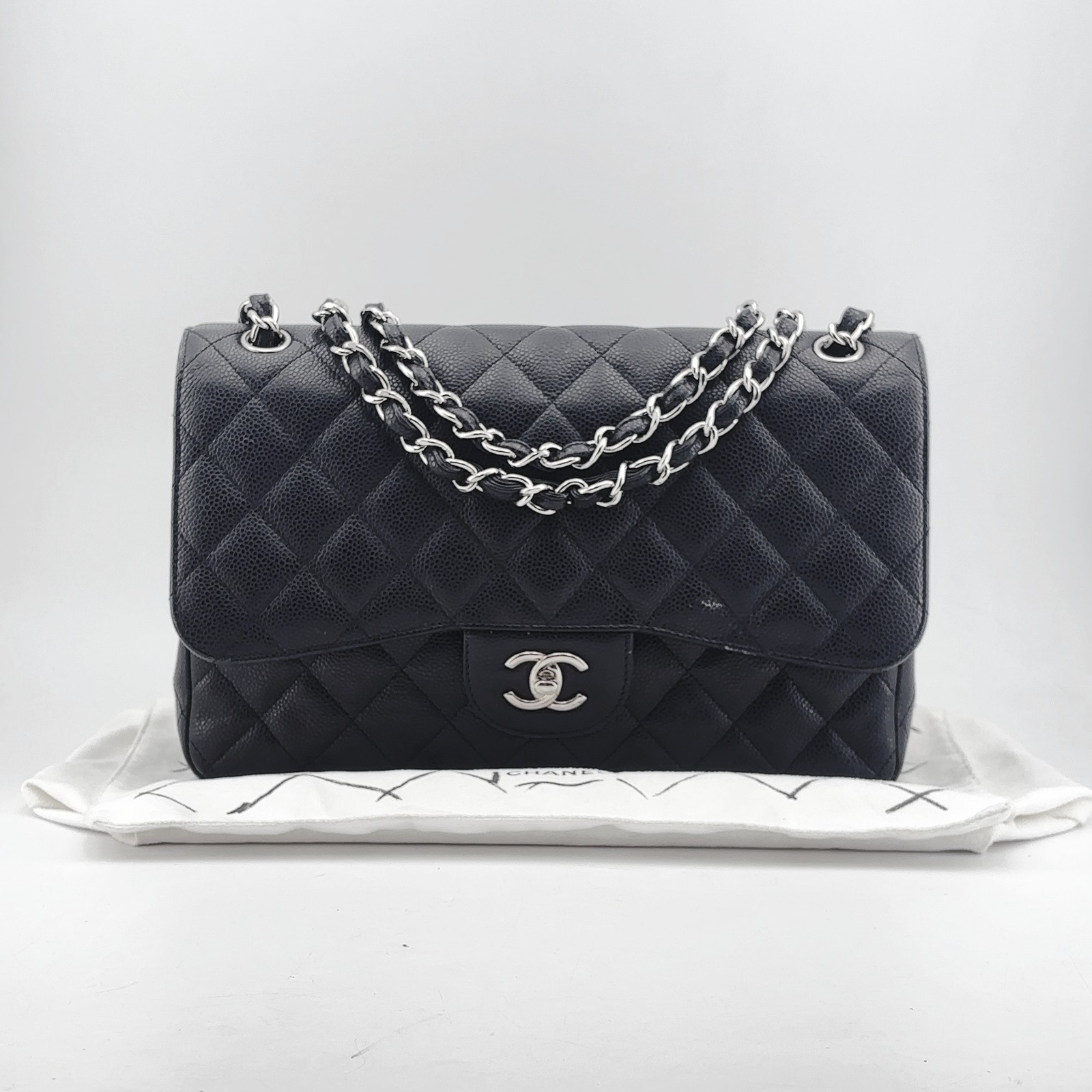 Chanel Classic Double Flap CF Black Caviar Leather Silver Hardware Shoulder Bag