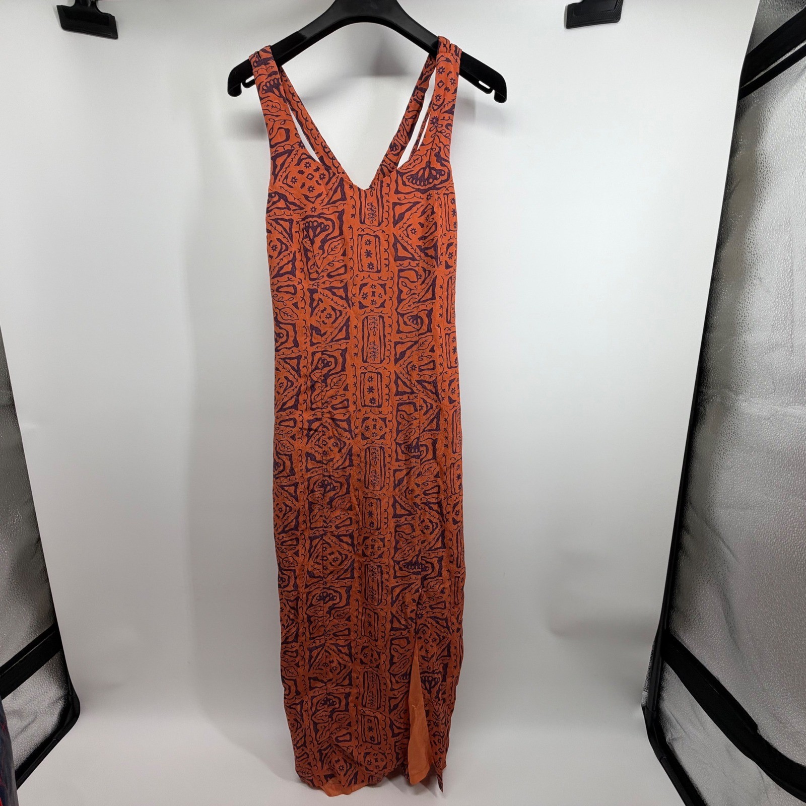 Vintage 90s Karin Stevens Rust Orange Whimsigoth Boho Tribal Geometric Dress