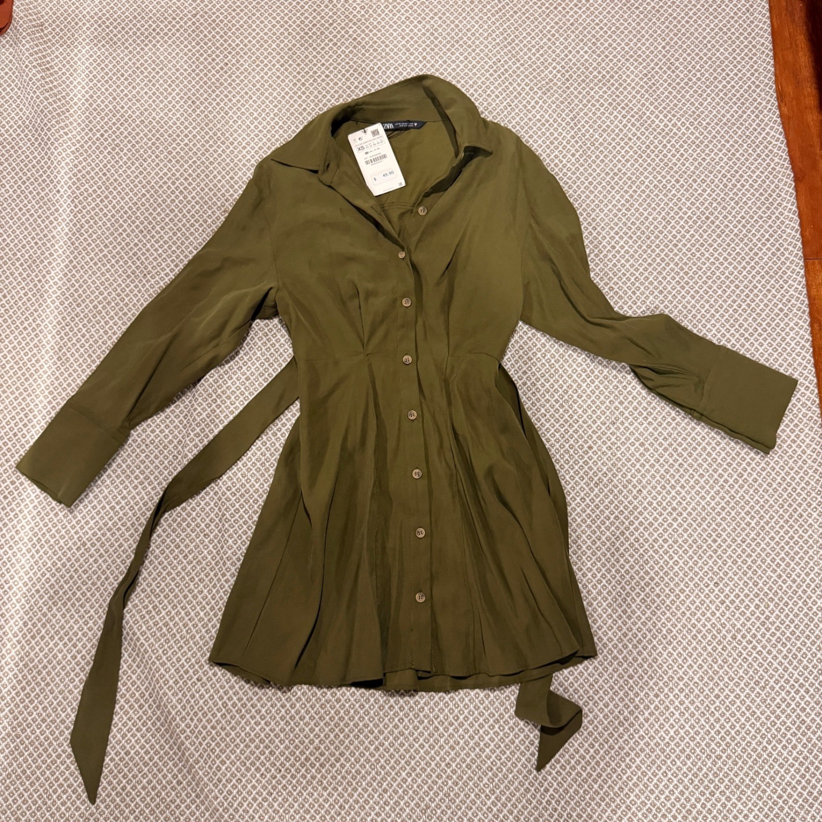 Zara Olive Green Mini Shirt Dress Long Sleeve Tie Waist Button Down XS NWT