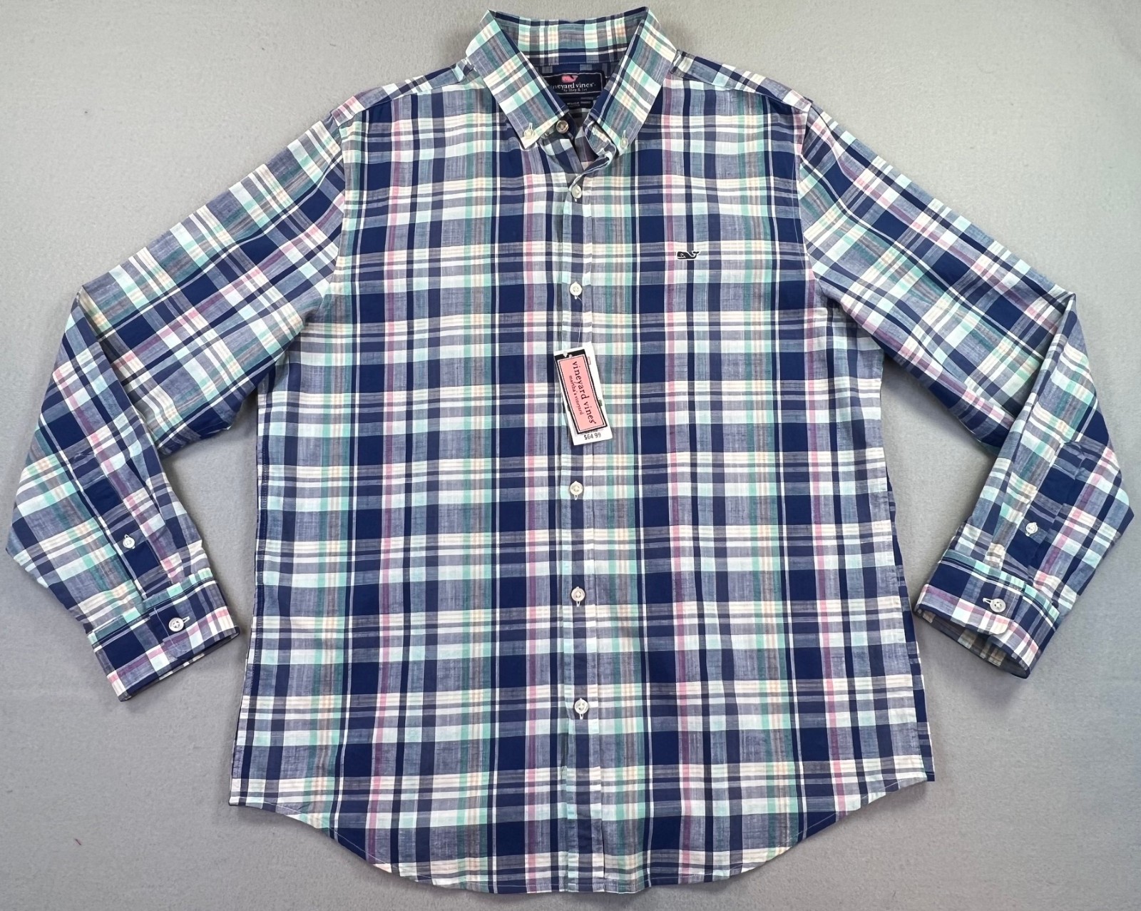 Vineyard Vines Shirt Blue Plaid Slim Fit Whale Logo Button Up Preppy, NWT, Sz L