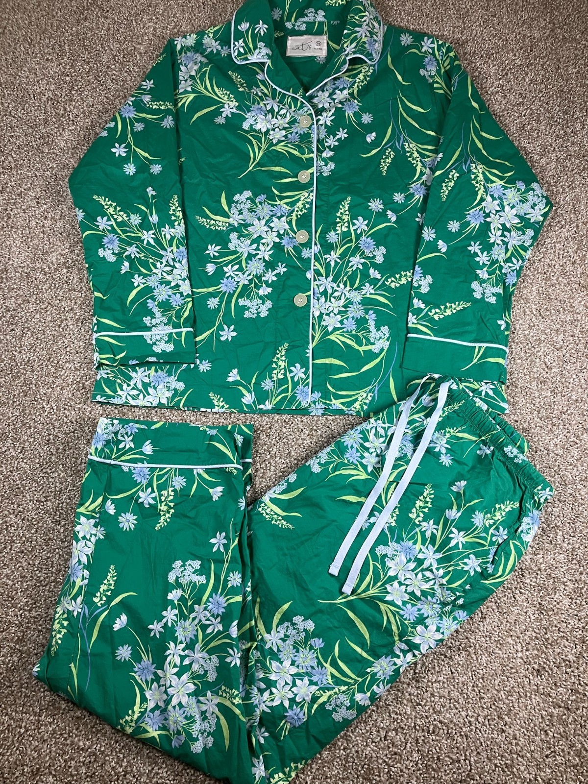 The Cat\'s 2 Piece Pajamas Garden Posy Green Luxe 100% Cotton Medium