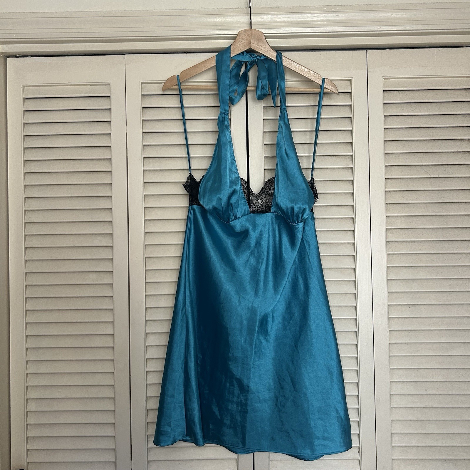 Vintage Y2K Frederick’s Hollywood Teal Satin Lace Halter Slip Dress XL