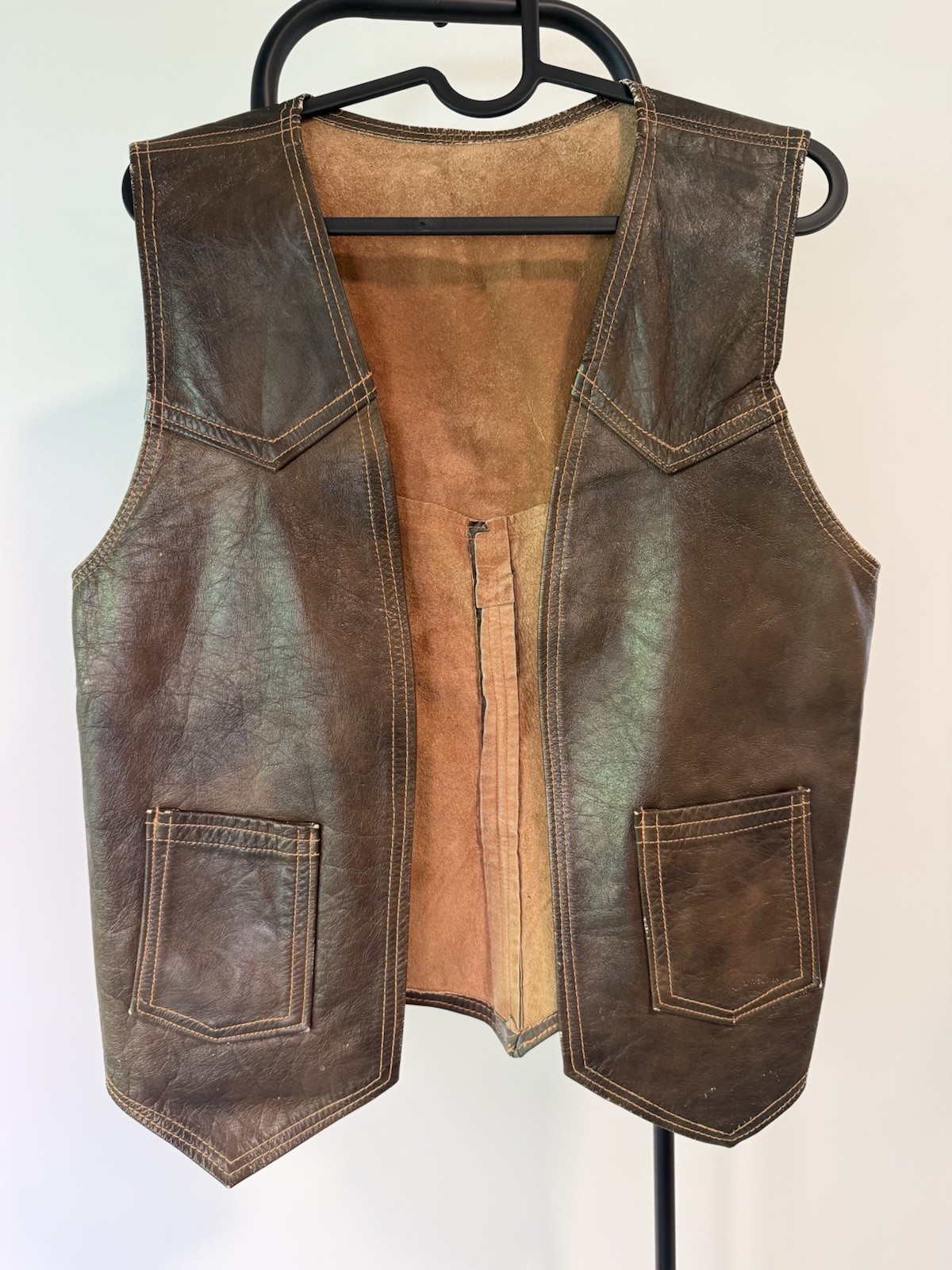 Vintage 70s Brown Leather Western Vest Patch Pockets XS S 16.5 Pit To Pit Cowboy