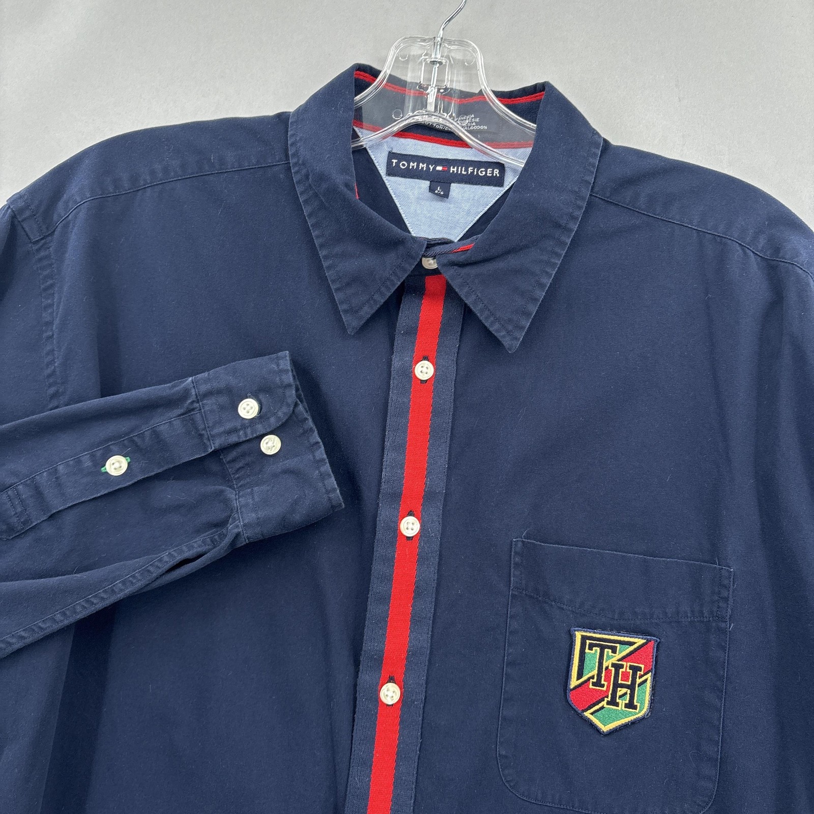 Vintage Tommy Hilfiger Shirt Mens Large Navy Button Down Crest Preppy 90s Y2k