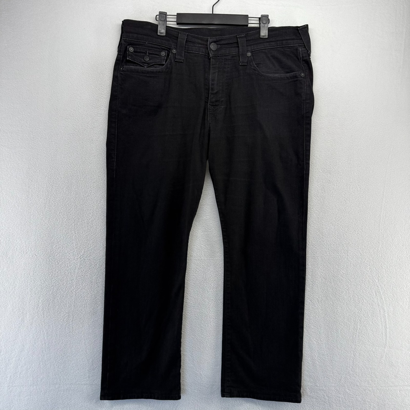 True Religion Jeans Mens 36 Black Ricky Relaxed Straight Made In USA Flap Pocket
