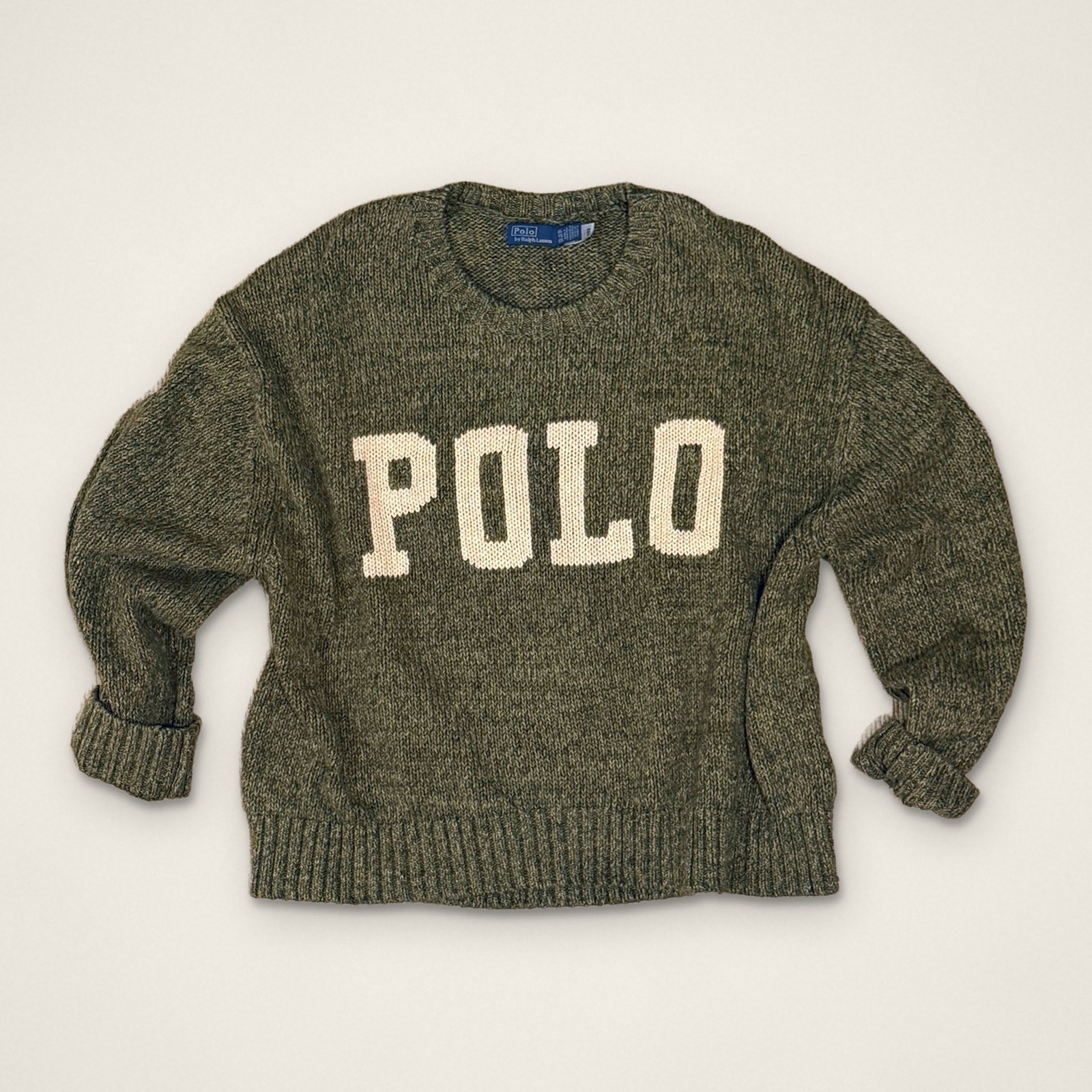Polo Ralph Lauren Womens POLO Spell Out Logo Crewneck Sweater Olive Green XXL