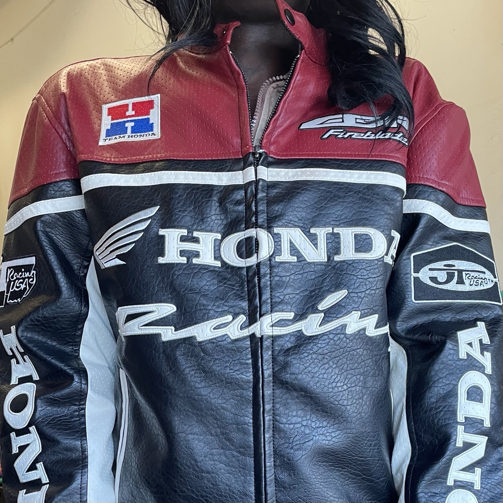 VTG Honda Racing CBR Fireblade Leather Motorcycle Jacket JT Racing USA Patches