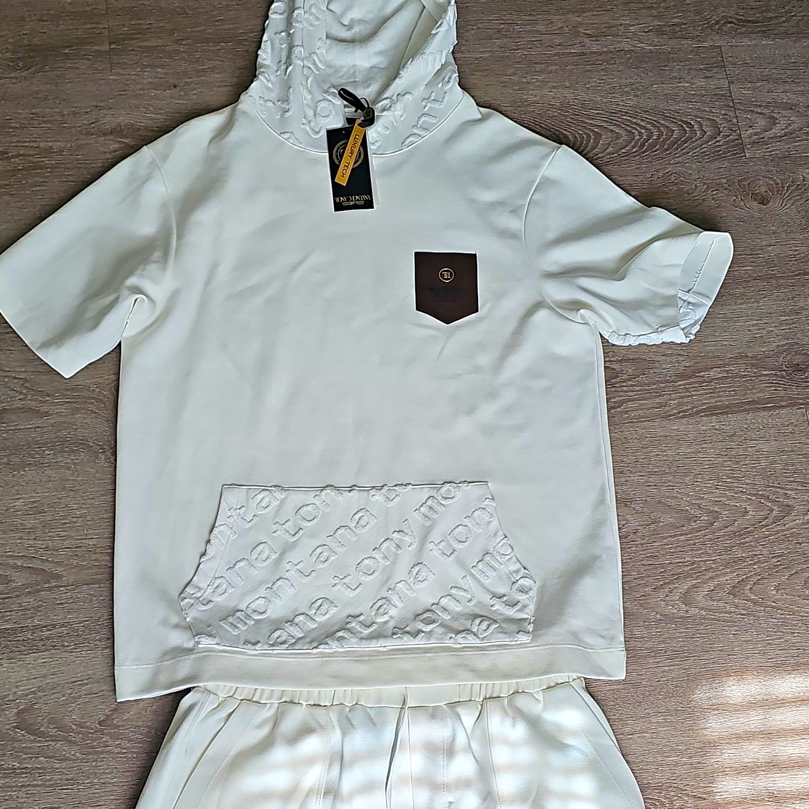 TONY MNNA Men’s White Cotton 2-Piece Hoodie & Shorts Set XL Pockets