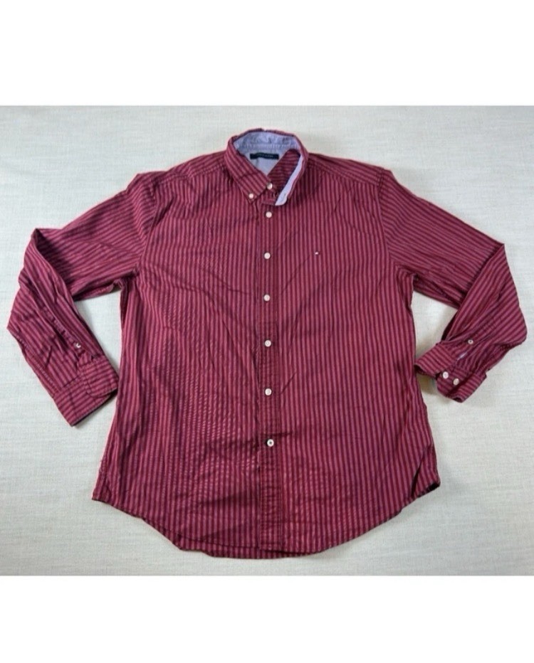 Tommy Hilfiger Mens Red Striped Long Sleeve Button Down Shirt XL