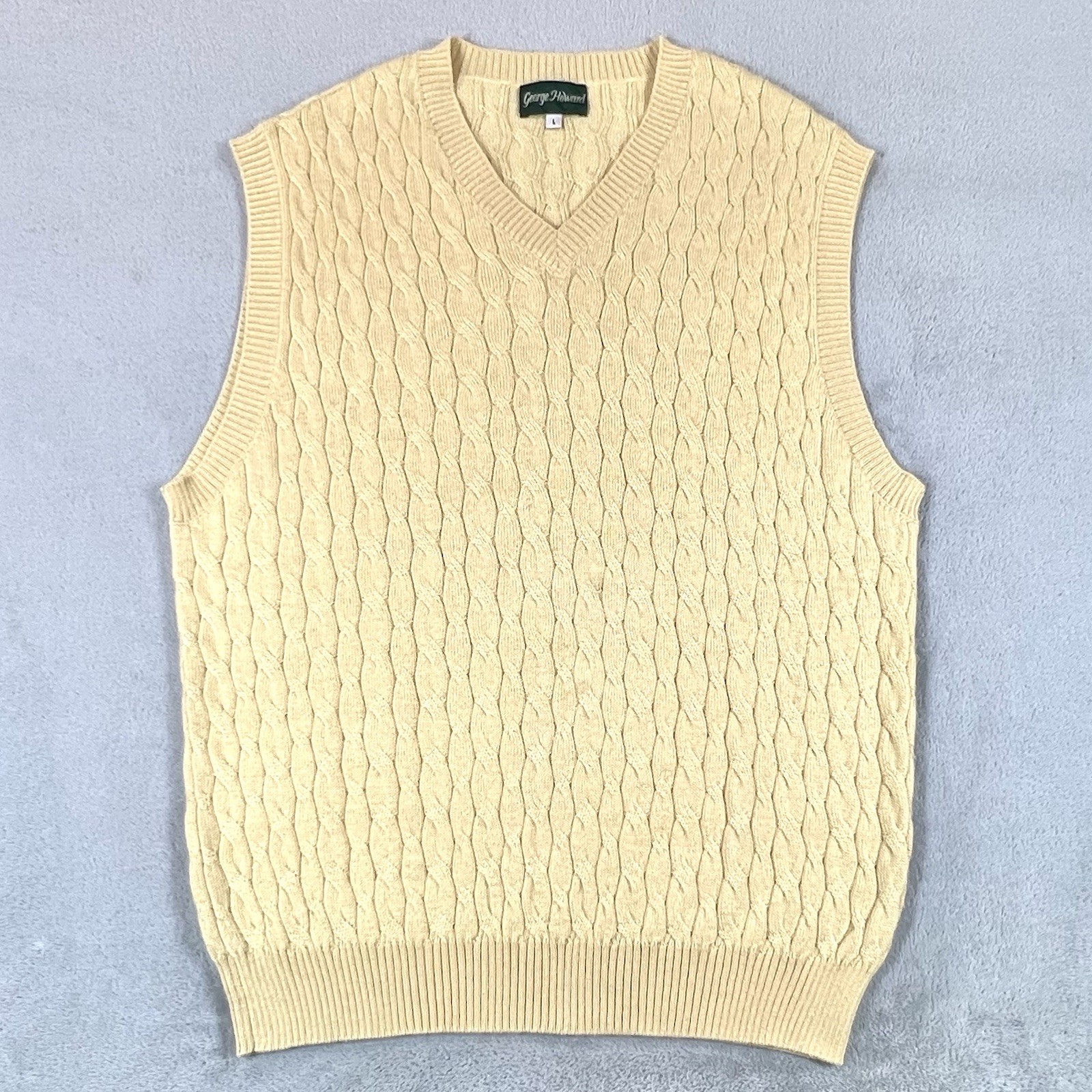 Vintage George Howard Sweater Vest Mens Large Yellow Alpaca Silk Blend Cableknit