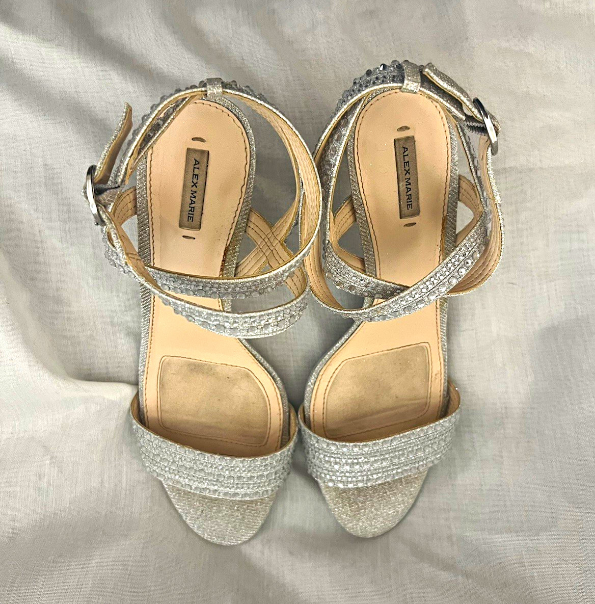 Alex Marie Silver Rhinestone Strappy Ankle Strap Kitten Heel Open Toe 9.5M