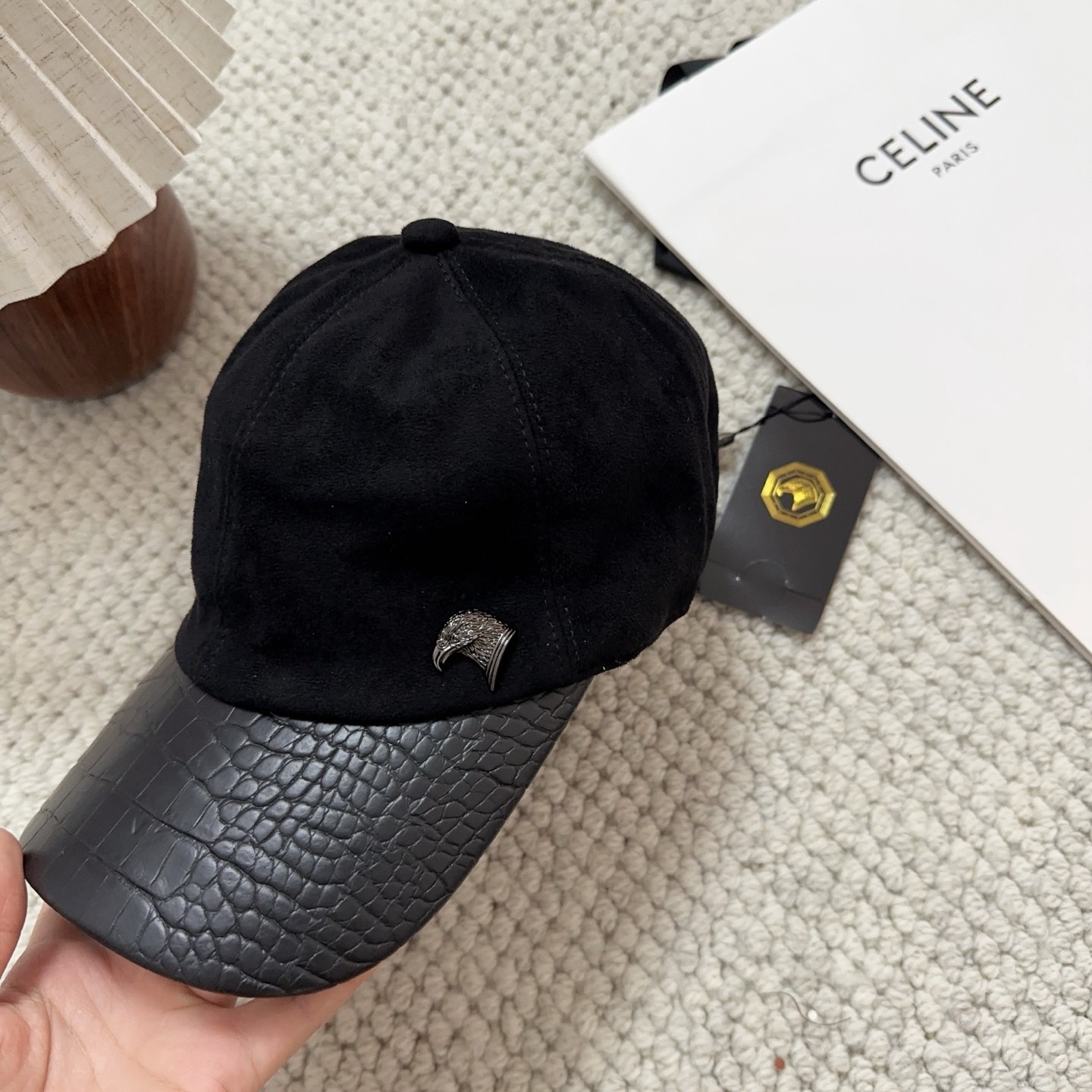 STEFANO RICCI Men\'s Black Suede Leather Panel Baseball Cap Designer Hat