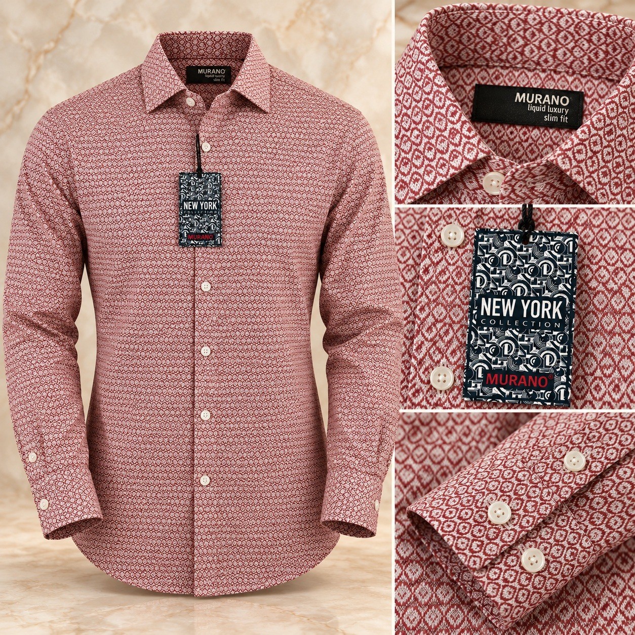 Murano Button Down Shirt Mens M Red White Geometric Slim Fit Liquid Luxury NWT