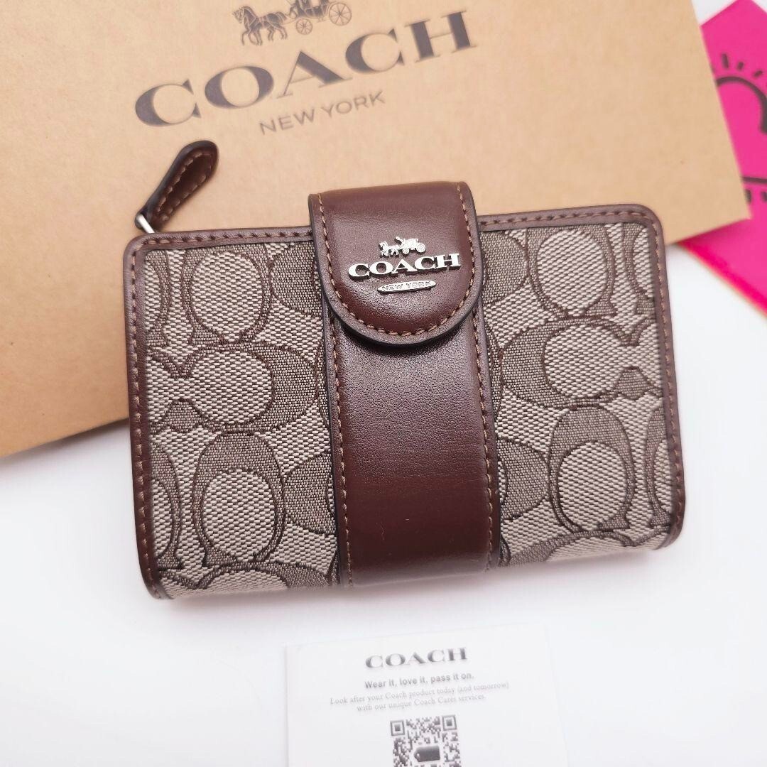 COACH Medium Corner Zip Wallet Signature Jacquard Brown(Oak) CU987 outlet New