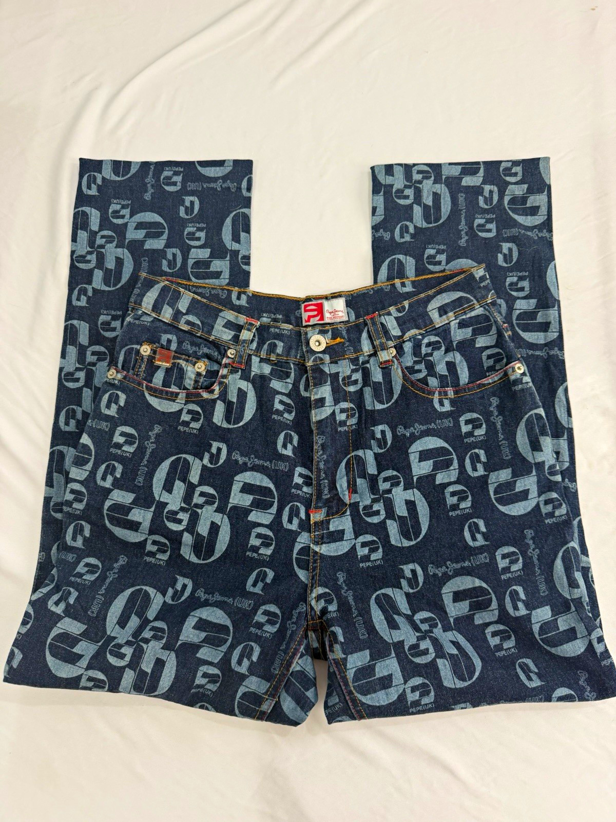 Vintage Rare Pepe Jeans London All-Over Monogram Jacquard Print Jeans Size 29