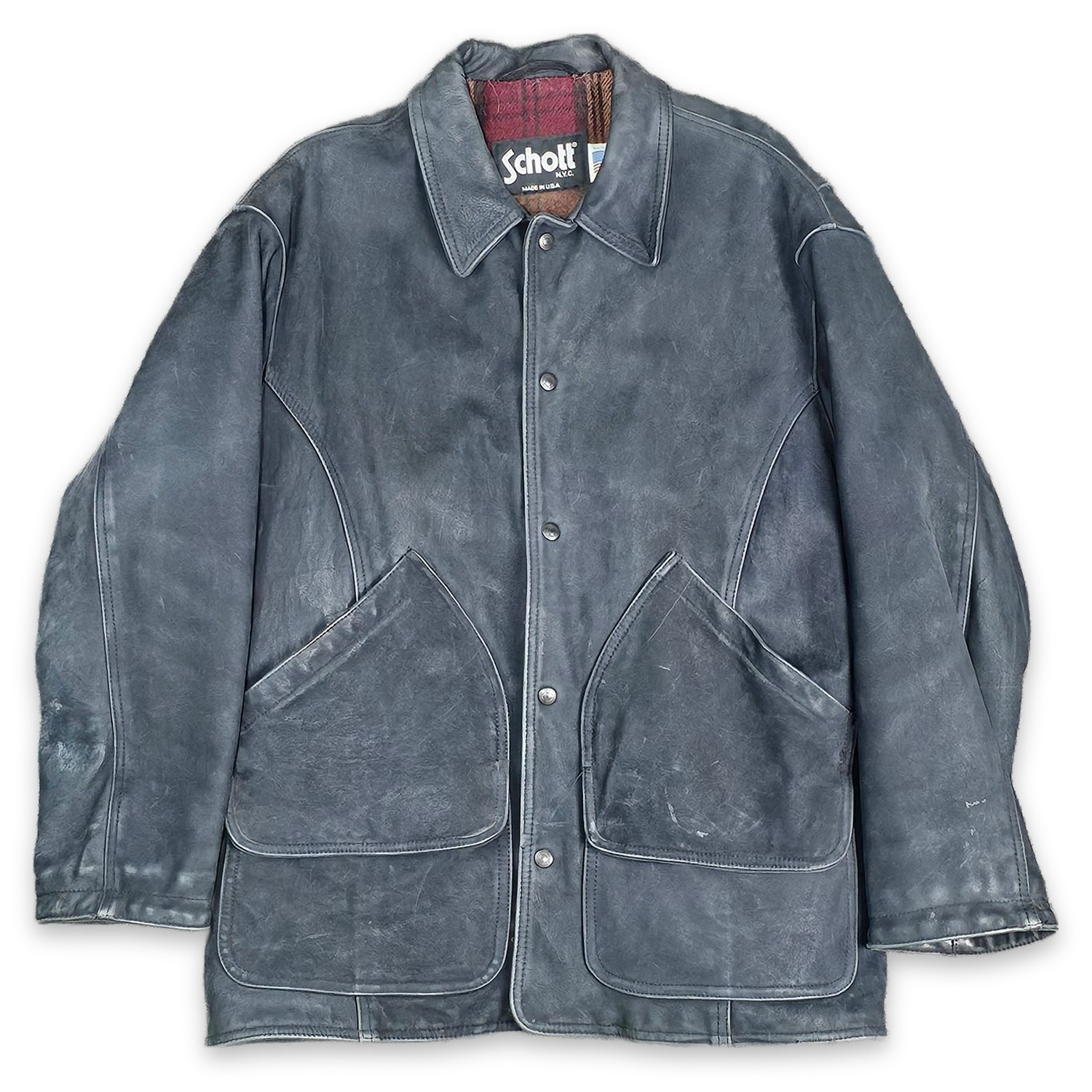 Schott Men\'s Dark Gray Leather Jacket Size 44 Plaid Lined Snap Front Made in USA