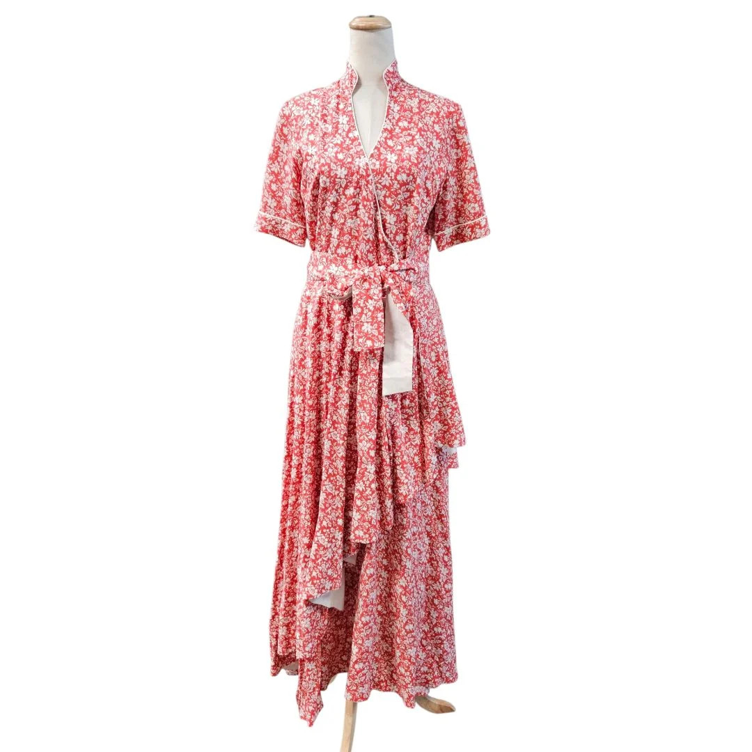 Loretta Caponi Red White Floral Print Ruffle Belted Dress Size M Lyocell