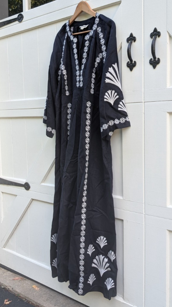 Boden Women\'s Black 100% Linen White Embroidered Kaftan Maxi Dress US 20-22R