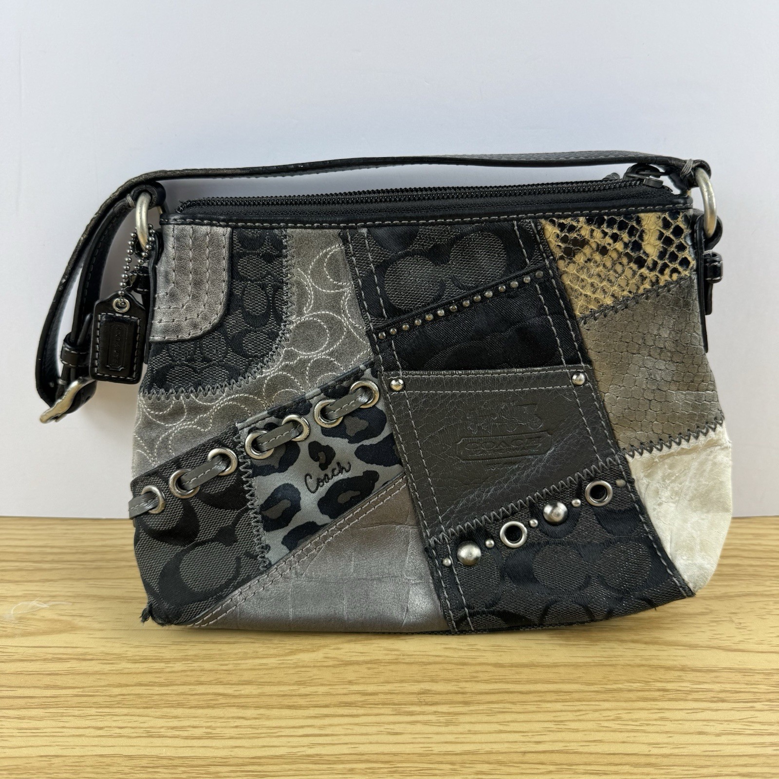 Vintage COACH Y2K Patchwork Shoulder Bag Mixed Materials Auth