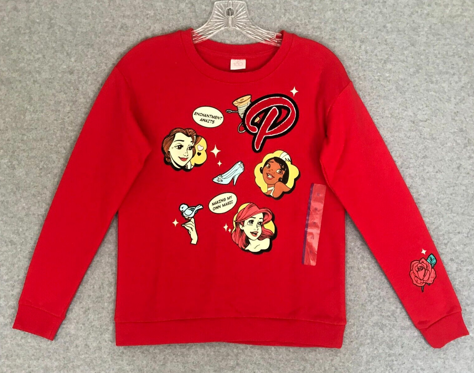 NEW Disney 100 Princess Sweatshirt Girls XL Red Retro Reimagined Fleece Patch