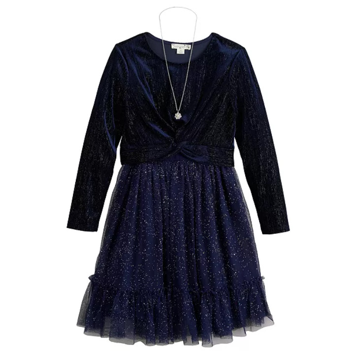 Girls Knit Works Twist-Front Popover Sequin 2pc Dress and Necklace Set Navy SZ6