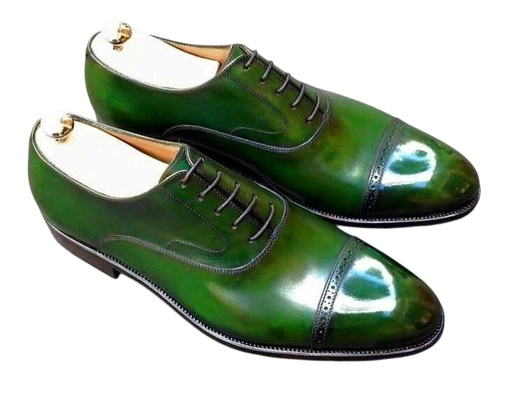 Handmade Green Genuine Leather Cap Toe Oxford Lace Up Office Dress Shoes For Men