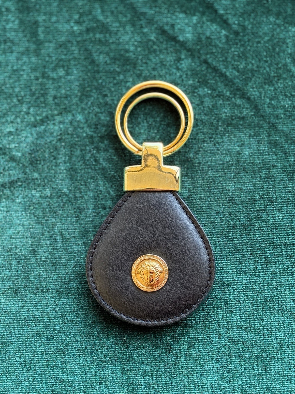 Authentic Vintage Gianni Versace Medusa Head Black Leather Gold Keychain Italy