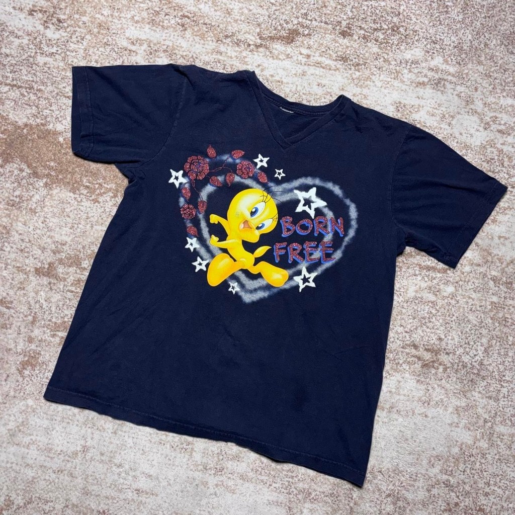 Vintage 2000s Looney Tunes Tweety Bird “Born Free” Glitter Graphic V-Neck T-Shir