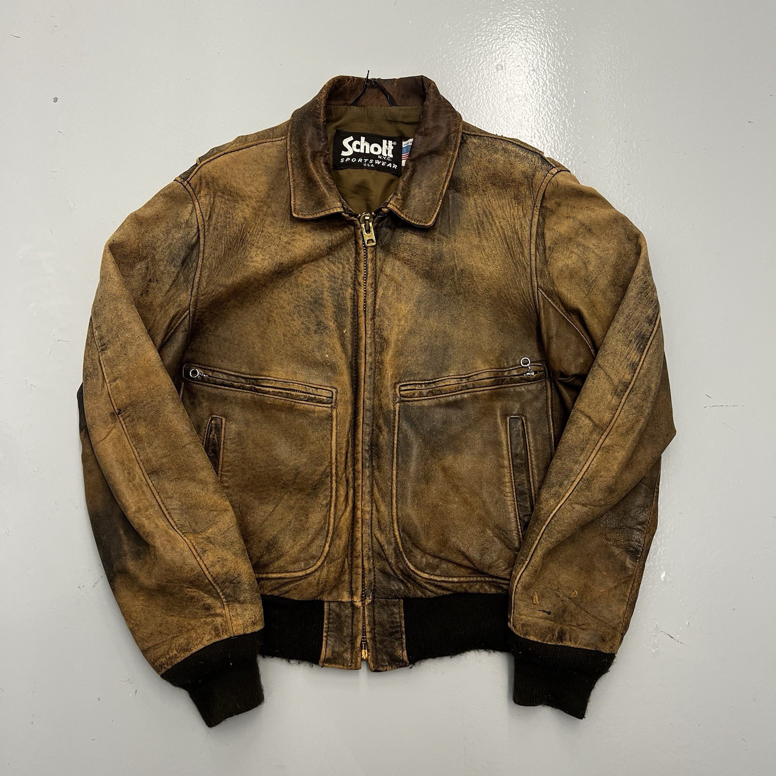 Vintage Schott Sportswear Aged Leather Bomber Flight Jacket Mens Size 42 G2U
