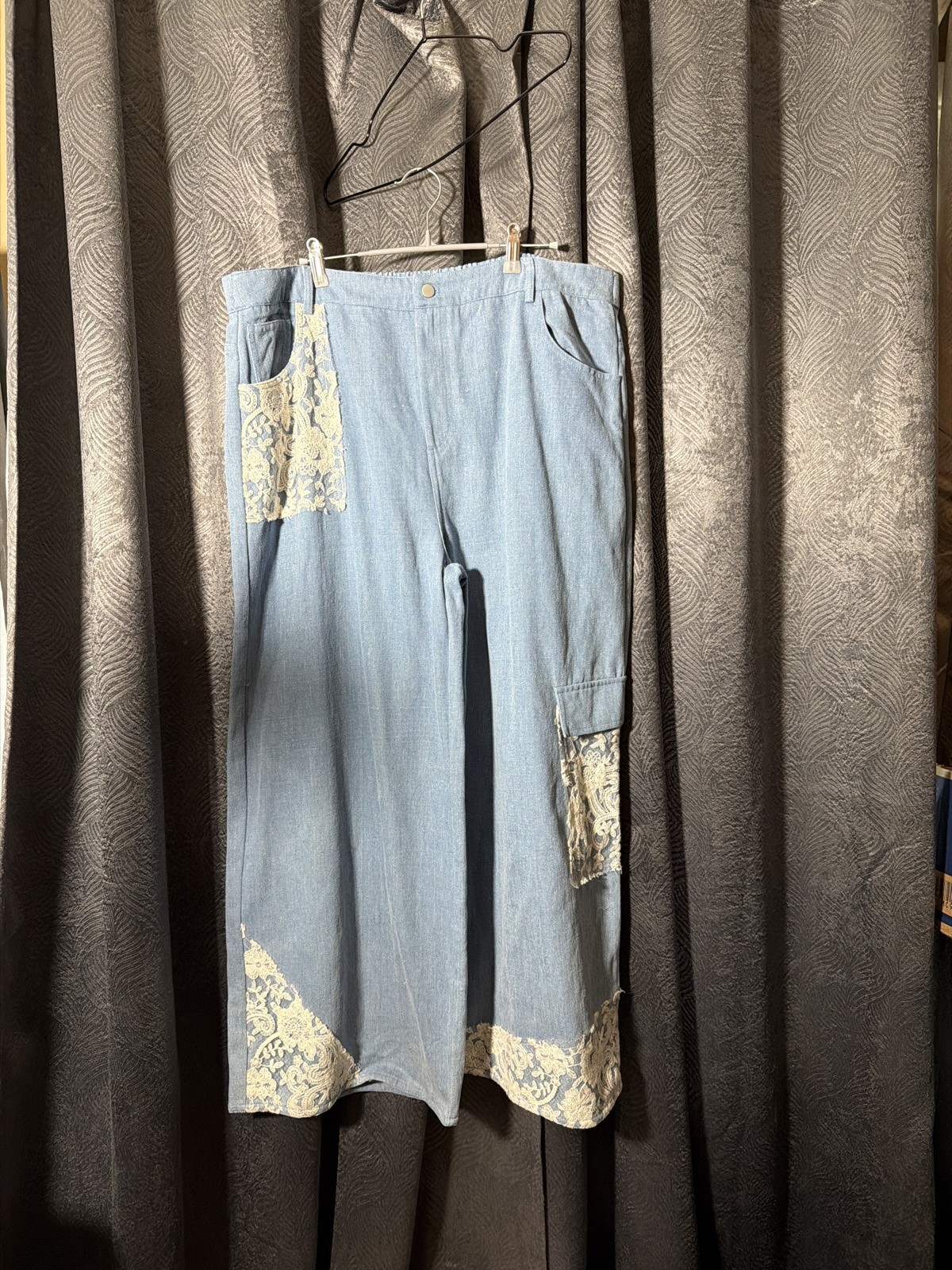 Davi & Dani Lace Patchwork Wide Leg Denim Pants Light Wash Size 1XL