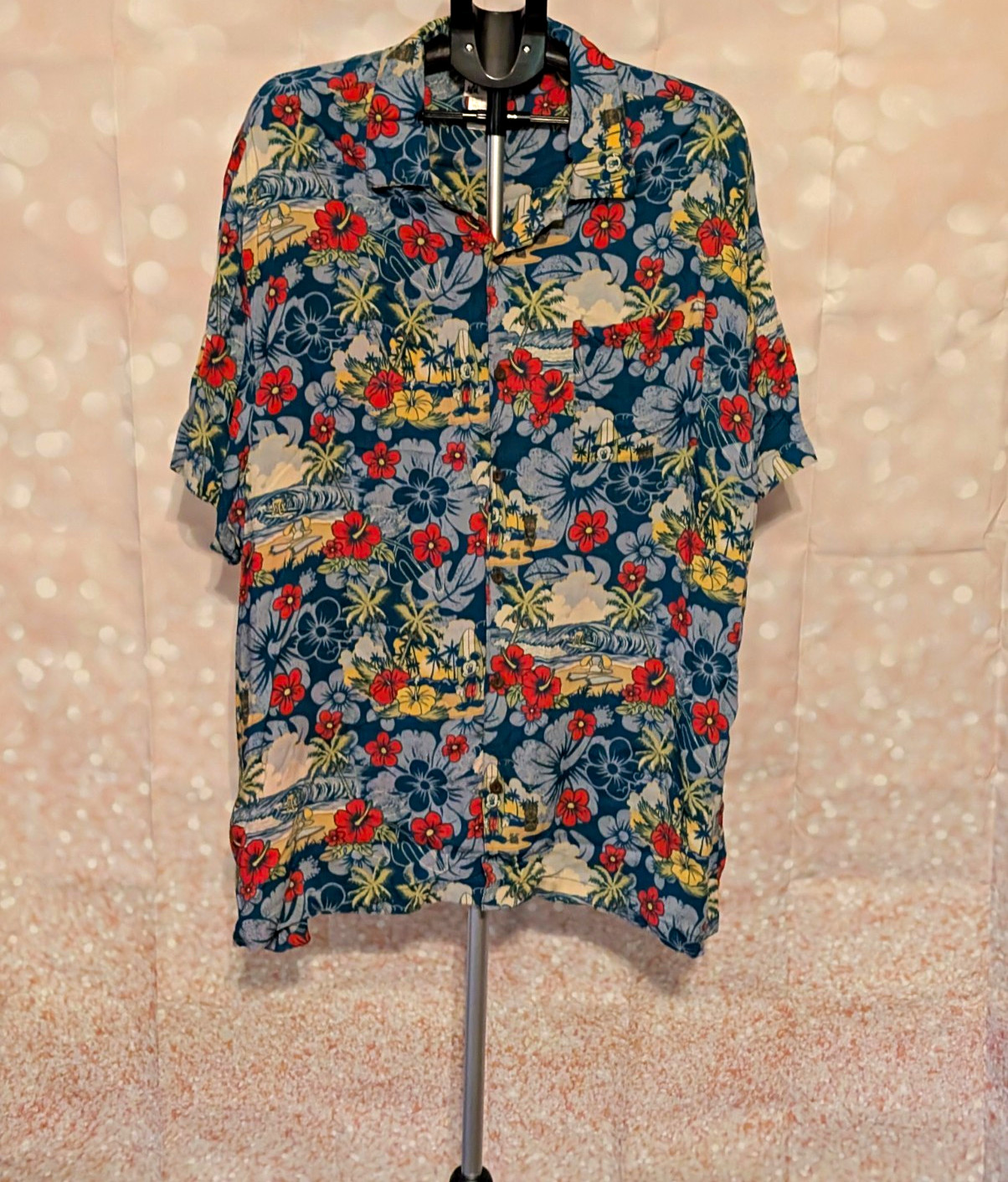 Disney Parks Mickey Mouse Blue Floral Hawaiian 2XL Short Sleeve Button-Up
