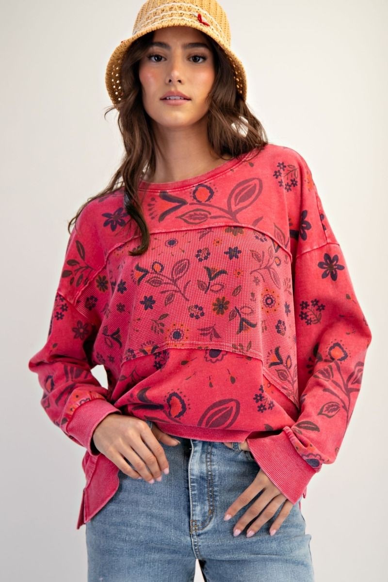 Easel Women's Floral Waffle Knit Long Sleeve Thermal Top