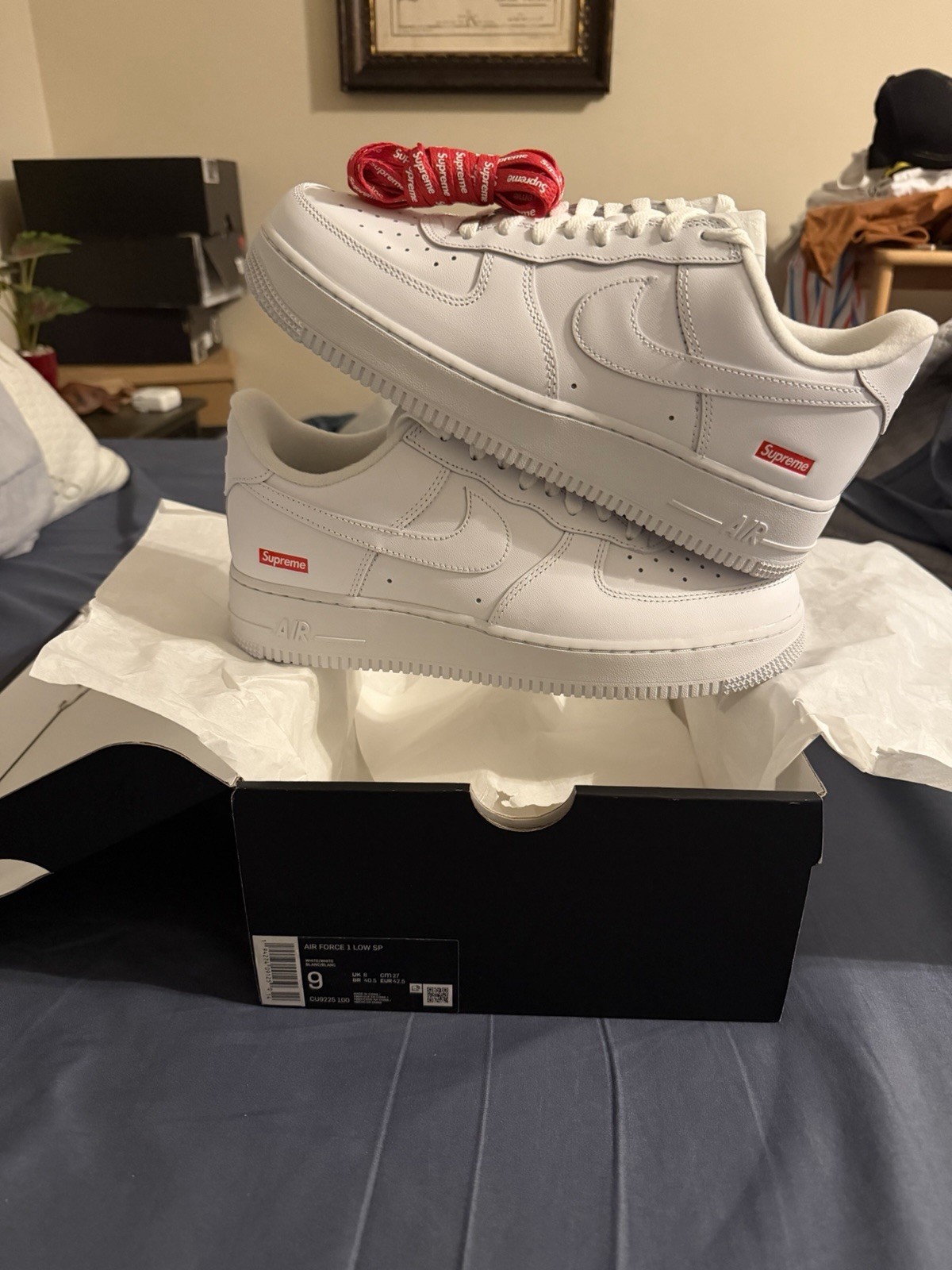 Size 9- Nike Air Force 1 x Supreme Low Box Logo - White