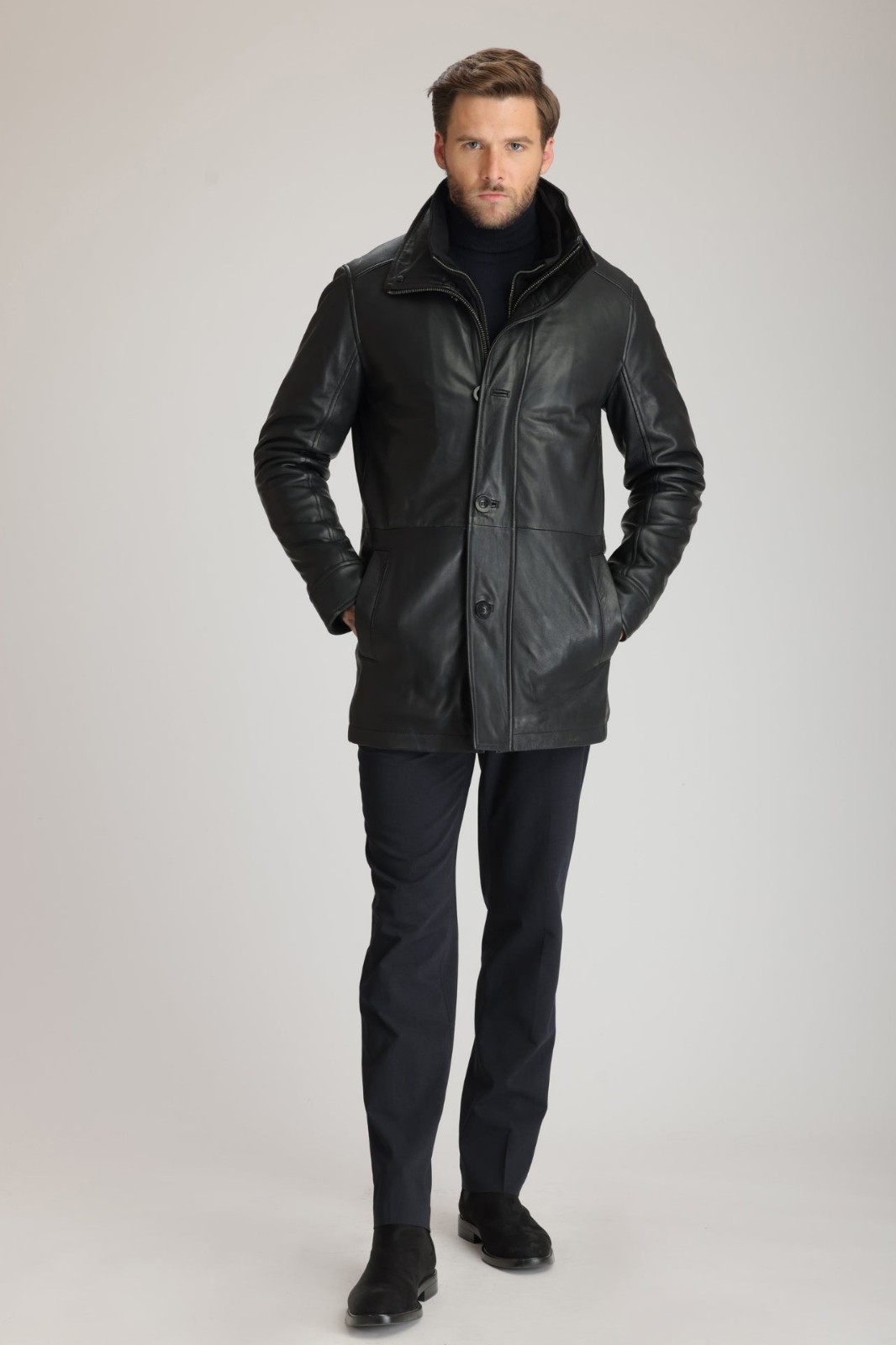 Handmade Men's Black Genuine Leather Car Coat - Leather Outerwear