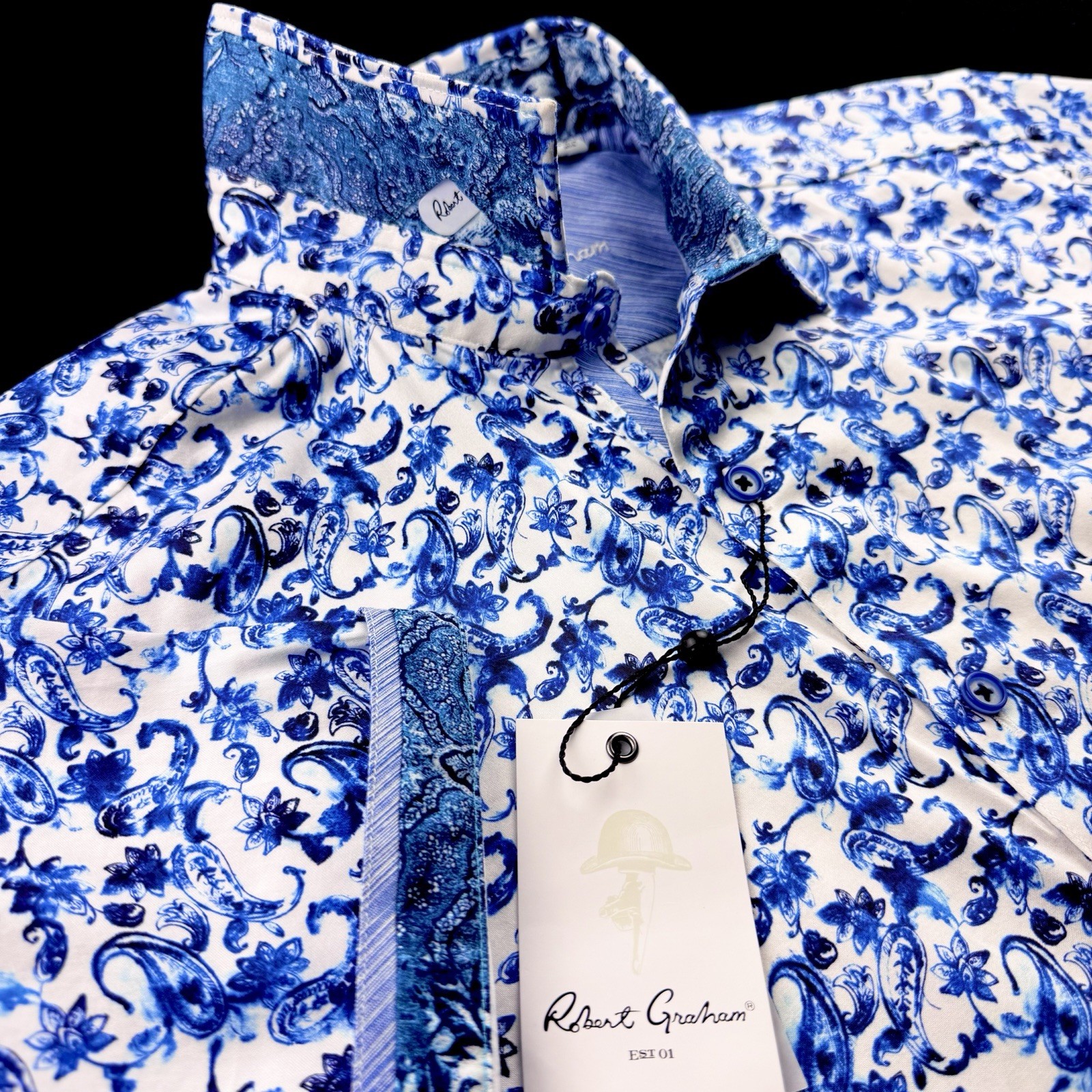 Robert Graham Paisley Floral Bold Print Short Sleeve Shirt Blue Medium $198