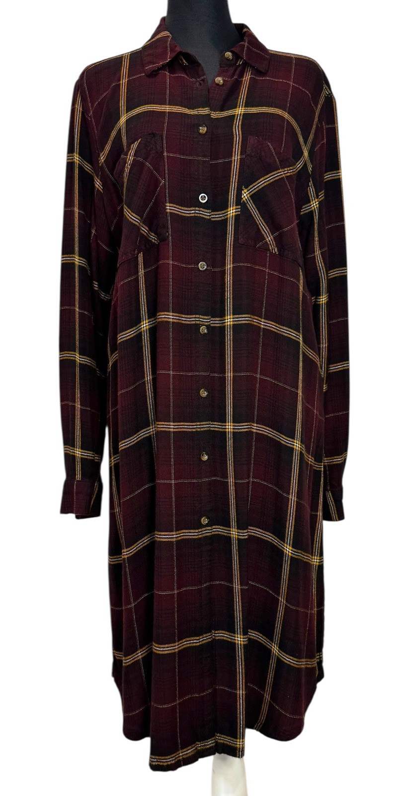 Maurice’s Plus Size 1 Relaxed Fit Plaid Burgundy Button Down Duster Shirt Long