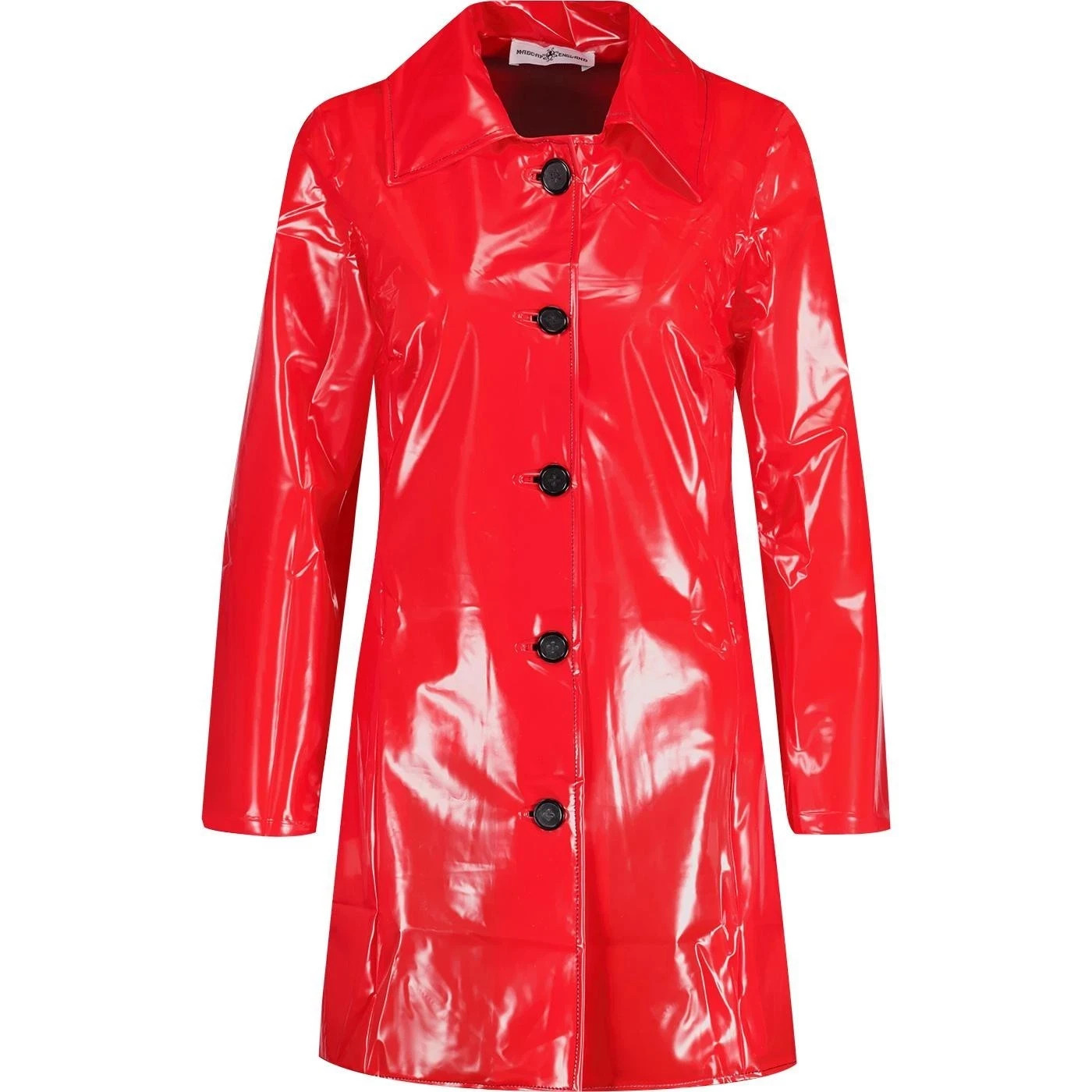 Women’s Red PVC Vinyl Raincoat Glossy Shiny Trench Coat Retro Mod Jacket