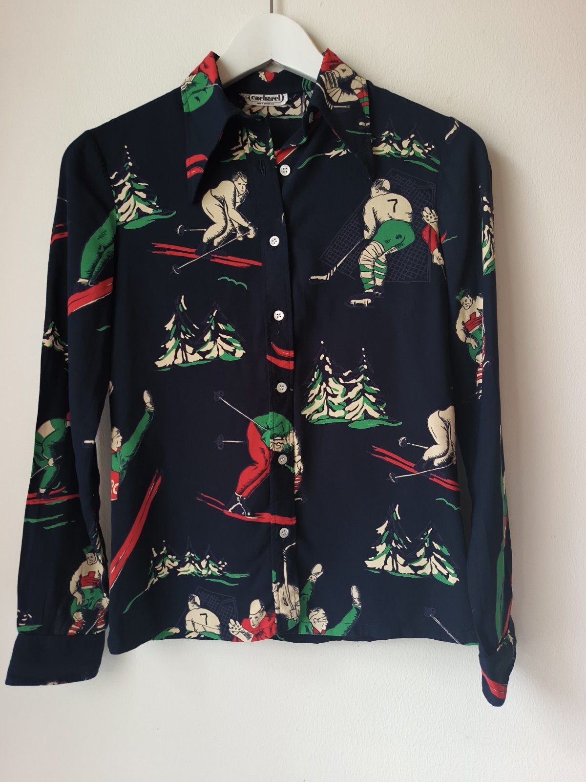 Vintage Cacharel Shirt Ski Hockey Novelty Print Switzerland Sz 40/S Rare