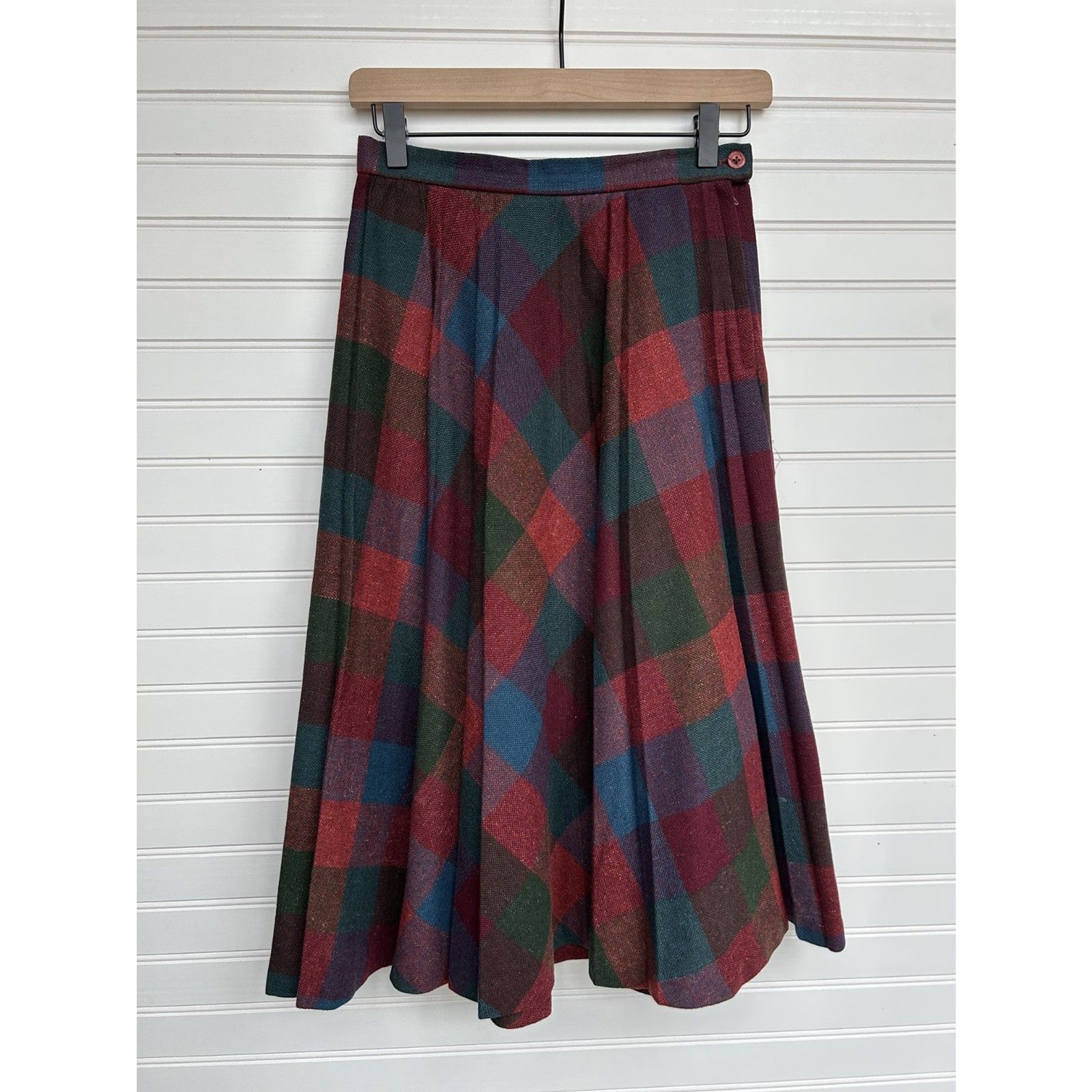 Vintage 70s Patty Woodard Plaid 100% Wool Pleated Midi Skirt
