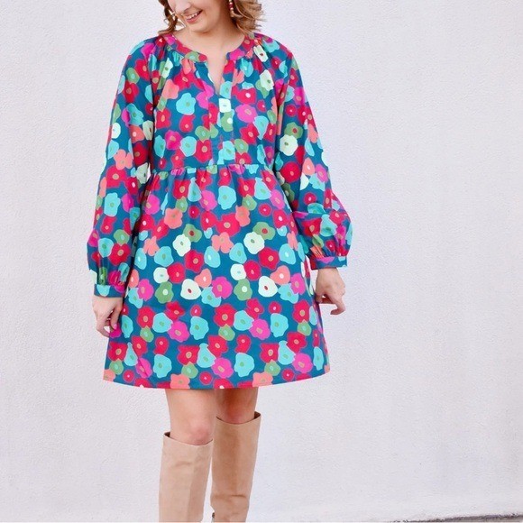 Jodifl Dress colorful vibrant babydoll floral long sleeve pockets size S NwT