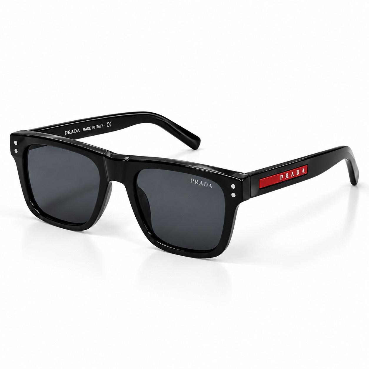 PRADA 3835 Black Glossy Rectangular Sunglasses Red Temple Detail Unisex