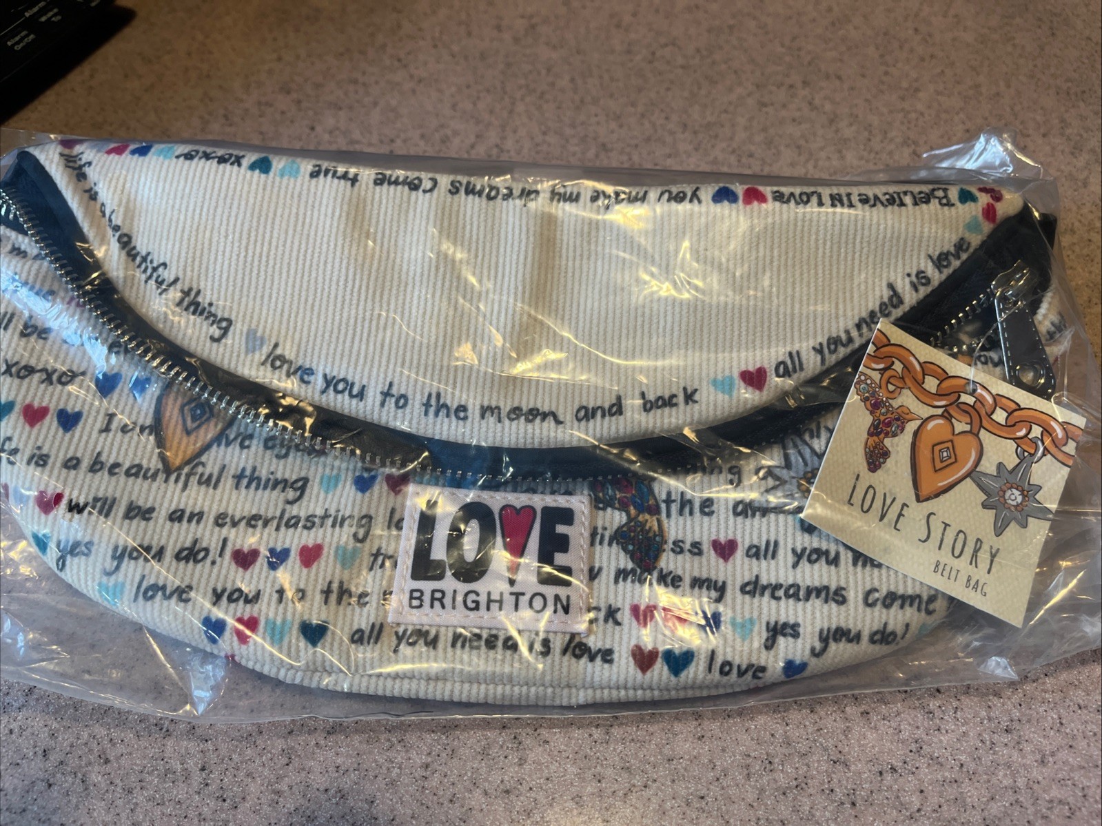 Brighton Love Story Belt Bag Fanny Pack Crossbody Multi Corduroy Heart Charm NWT