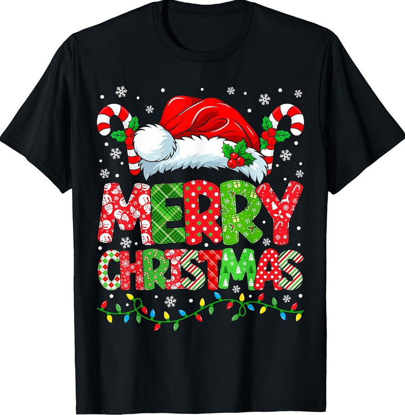 Muticolor Merry Christmas Black Cotton t-shirt full size men women