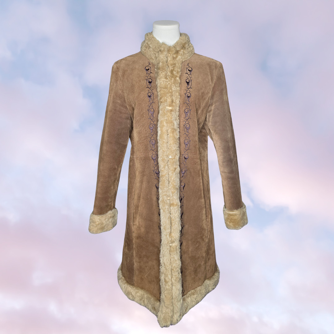 Vtg Y2k 90s Guess Brown Long Boho Afghan Penny Lane Suede Faux Fur Trim Coat L